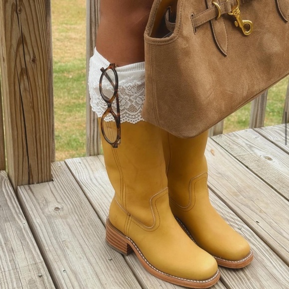 NWOB Frye Anthropologie Campus 14L Wide Calf Montana Leather Boots Banana Yellow - Picture 2 of 13
